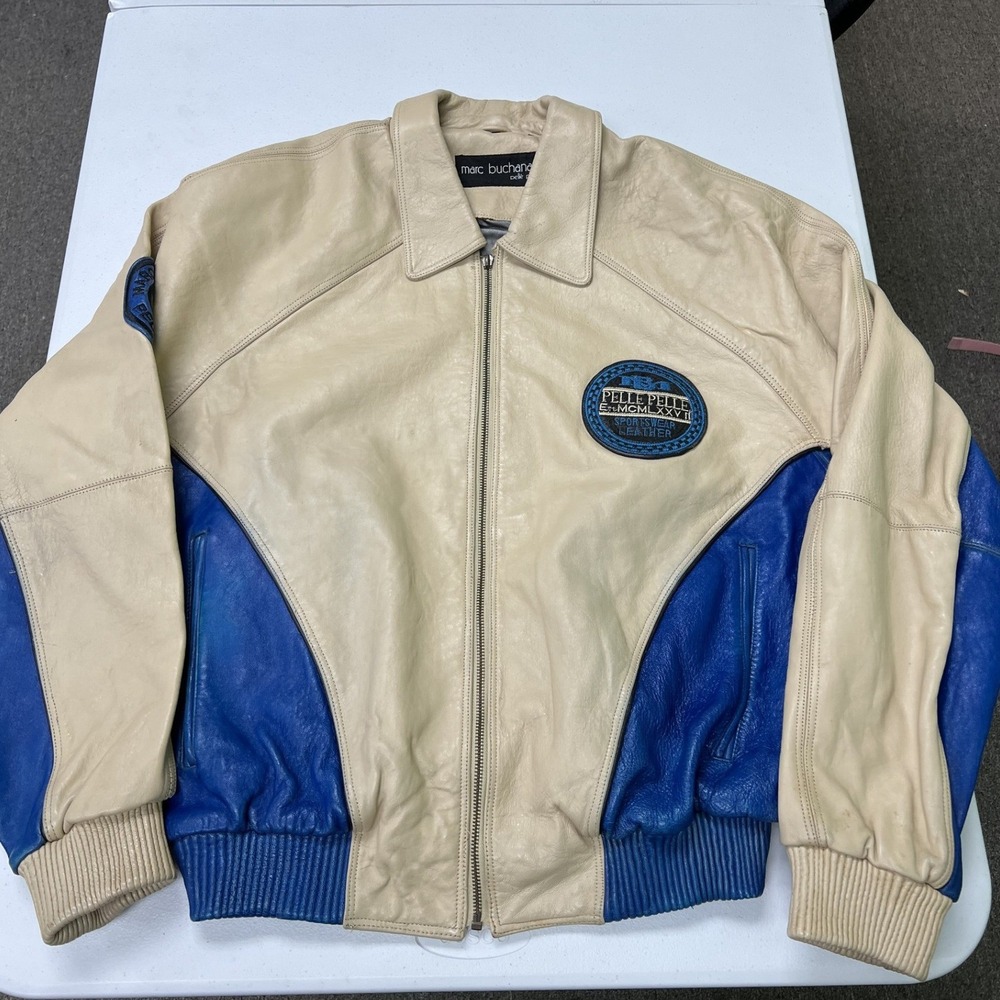 Pelle Pelle Leather Jacket Mens 44 Cream Blue Marc Buchanan Vintage Bomber G1